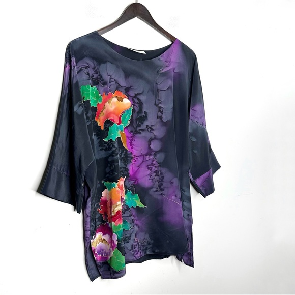 Lahja Hand Painted Silk Top Black Floral Print - Picture 3 of 8